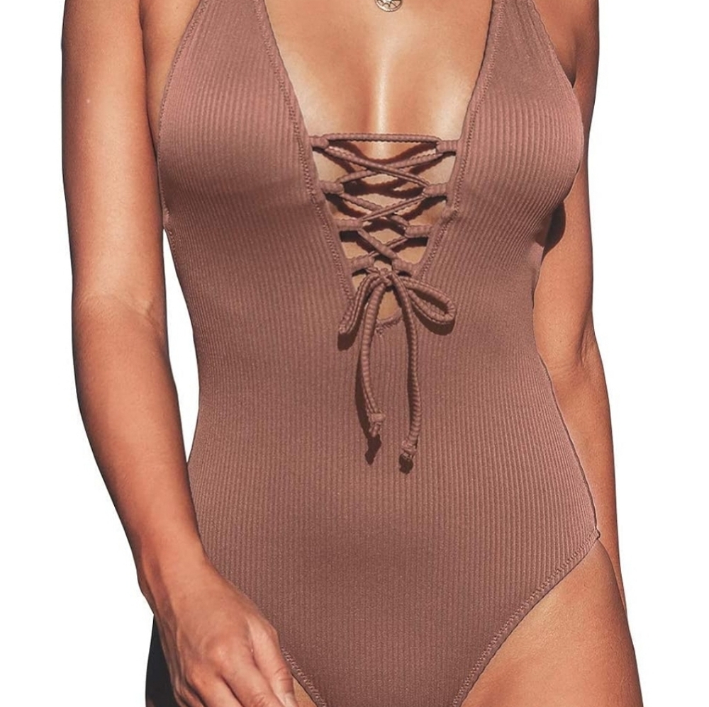 CUPSHE Women's Solid Color V neck Lace Up One Piece Swimsuit